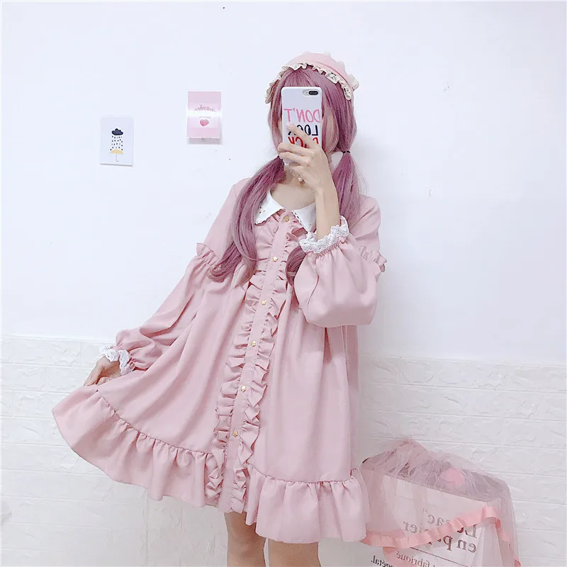 

Japan Women Pink Lolita Style Mini Party Dress Peter Pan Collar Ruffles Star Girl Shirt Dress Cute Kawaii School Cosplay Uniform