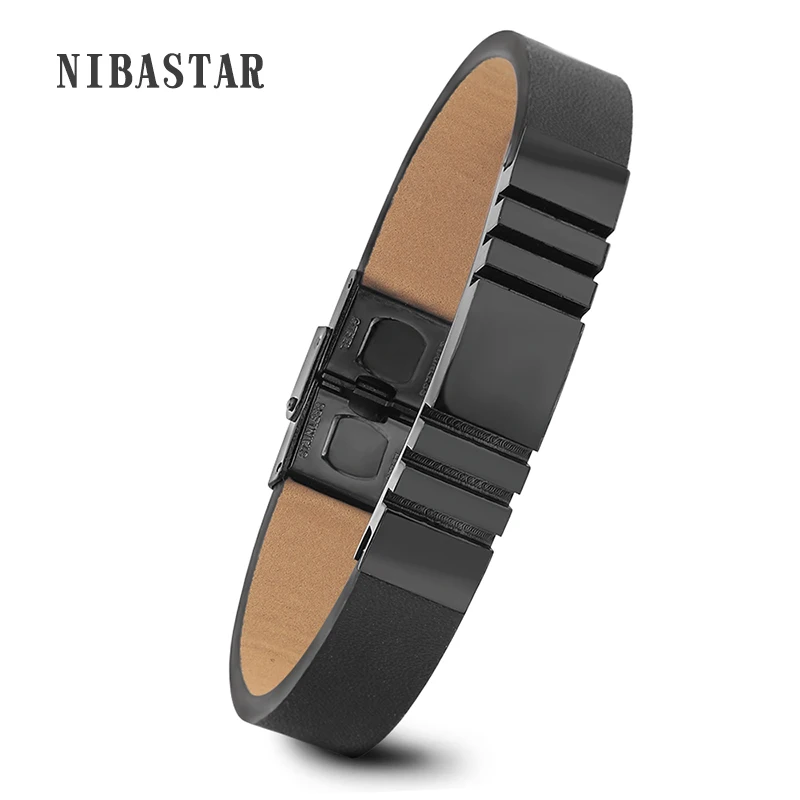 

Hot Sale Punk Rock New Men Genuine Leather Belt Bracelet 3Colors Stainless Steel Buckle Wristband Cuff Bangle for Men