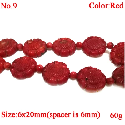 

16 inches 6x20mm Red Flat Round Flower Shaped Handmade Carved Natural Coral Beads Loose Strand for Necklace