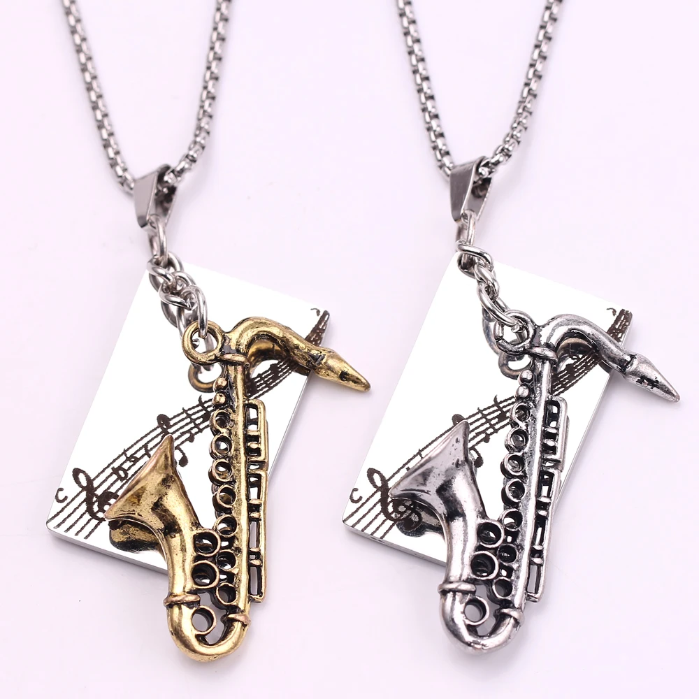 

Fashion custom music symbol jewelry gold silver saxophone metal piece engrave pendant necklaces for men women gifts to teenager