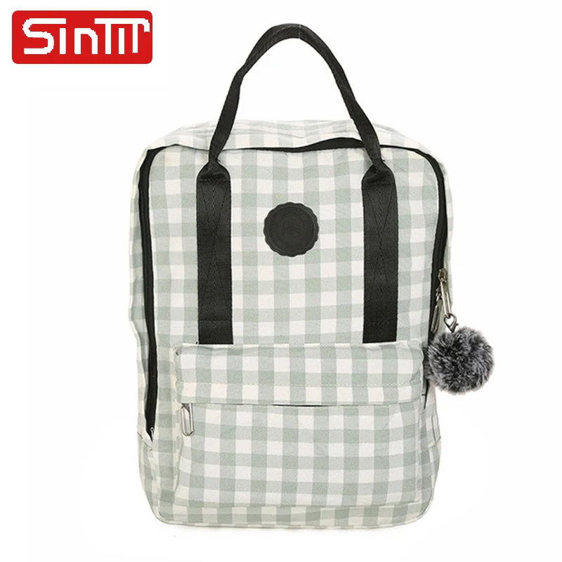 

SINTIR Women Canvas Backpack School Bag for Teenagers Girls Fashion Furball Big Laptop Backpack Patchwork Plaid Kanken Back Pack