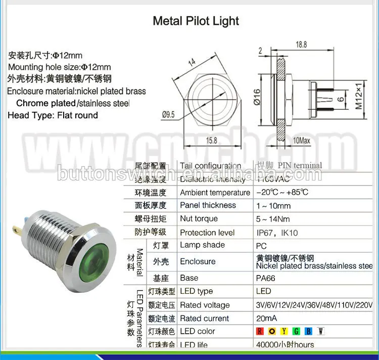 IN10 12mm waterproof indicator light pilot lamp flat round signal lamp IP67