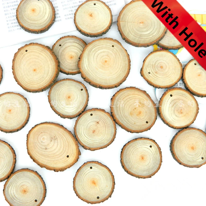 

1PC Natural Round Wood Slices Circles With Round Holes Unfinished Wood Crafts DIY Tree Bark Log Discs Wedding Party Decorat