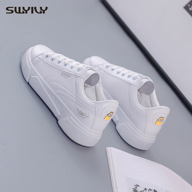 SWYIVY PU Leather Vulcanized Shoes Women White Sneakers Spring Cusual Shoes Female Flat Student Sneakers For Woman Embriodery 40