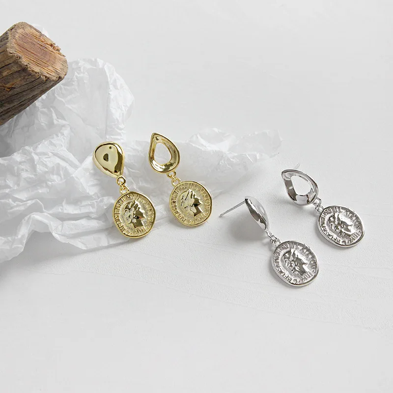 

100% Genuine 925 Sterling Silver Drop Earrings Geometric Coin Asymmetric Female Earrings Fine Party Jewelry Gift WDE054