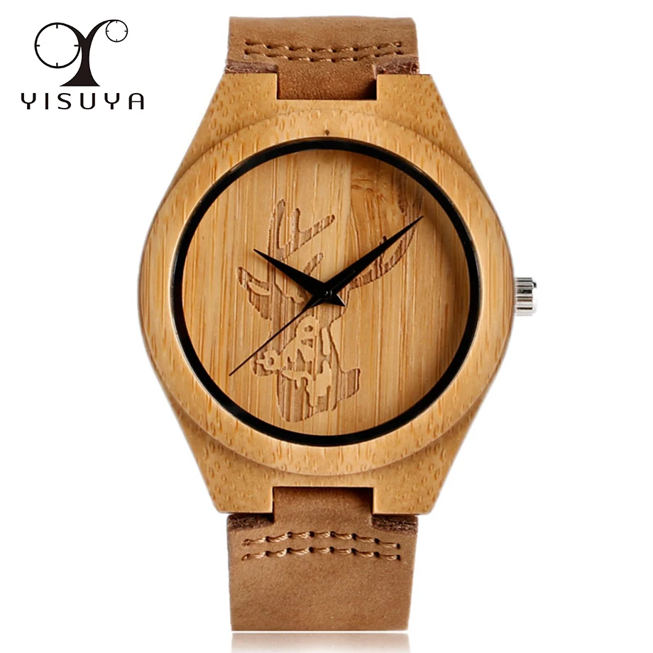 YISUYA Creative Elk Deer Head Wood font b Watch b font Leather Strap Men s Quartz