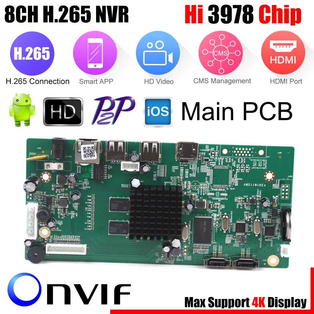 

8CH CCTV H.265 NVR Board 4K/5MP/4MP HI3978M Security NVR Module 4CH 5MP / 8CH 4MP XMEYE P2P Mobile Monitoring Cloud Viewing