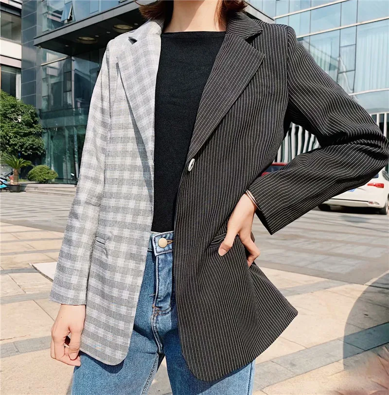 Women Autumn Patchwork Black Gray Blazers Female Contrast Color Irregular Jackets Coat Long Sleeve Office Lady Clothes manteau