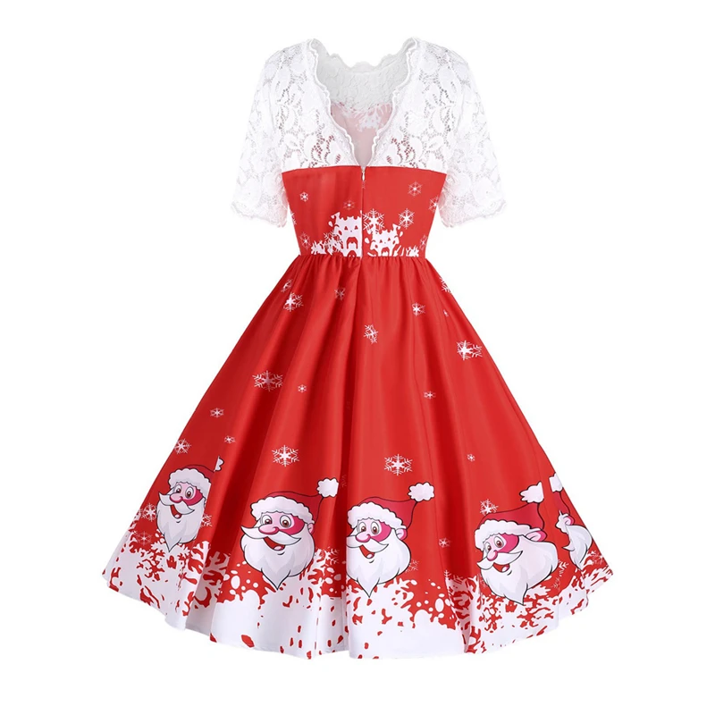Kostlich Print Lace Pathchwork Dresses Hepburn Half Sleeves Vintage Dress Big Women Swing Christmas Dress Plus Size S-2XL (4)