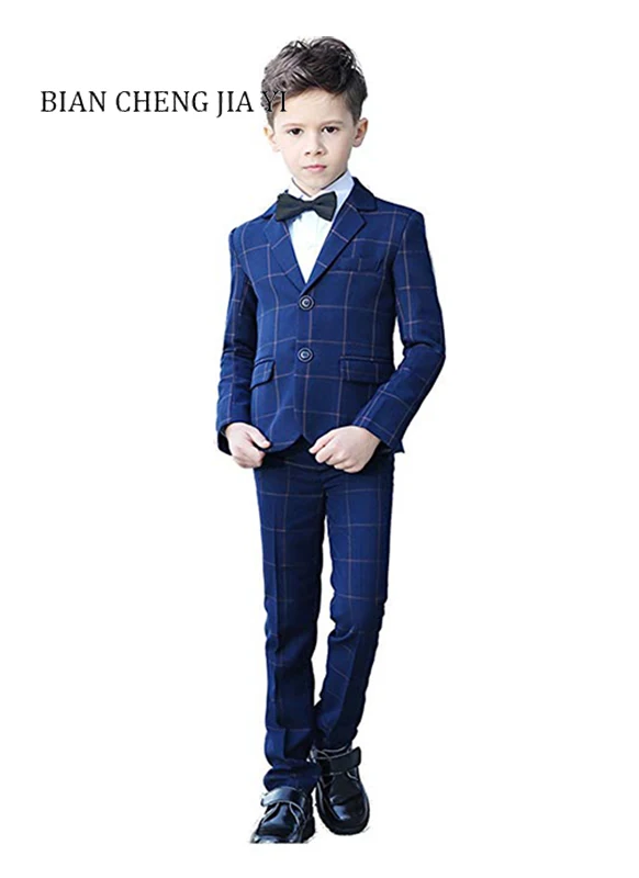 

4 Pieces Blue Plaid Boys' Suits High quality Wedding Children Suits Tuxedo Dress Party Ring bearer Formal occasions Handsome