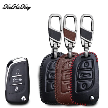 

Car Key Case For Peugeot 306 407 408 607 Genuine Leather Remote Flip Car Key Cover Keychain For Citroen C2 C4 Key Shell Holder