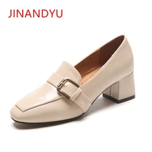 High Quality PU Leather Chunky Heel Pumps Women Shoes Metal Buckle 2019 Square Head Middle Heel Woman Slip On Shoes Black Heels mixed color polka dot mesh upper girl nude shoes square toe black suede buckle mary janes shoes middle chunky heel shoes women