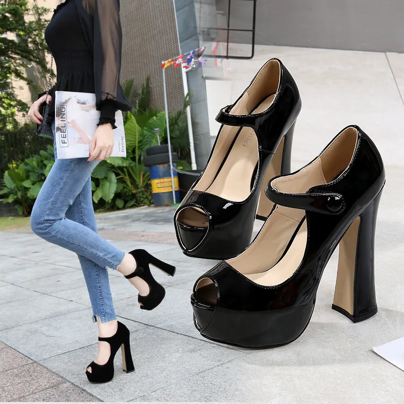 

Women Pumps Shoes Summer Peep Toe Hoof Heels Buckle Strap Shallow 14cm High Heel 4CM Platform Lady Party Female Shoes Plus Size