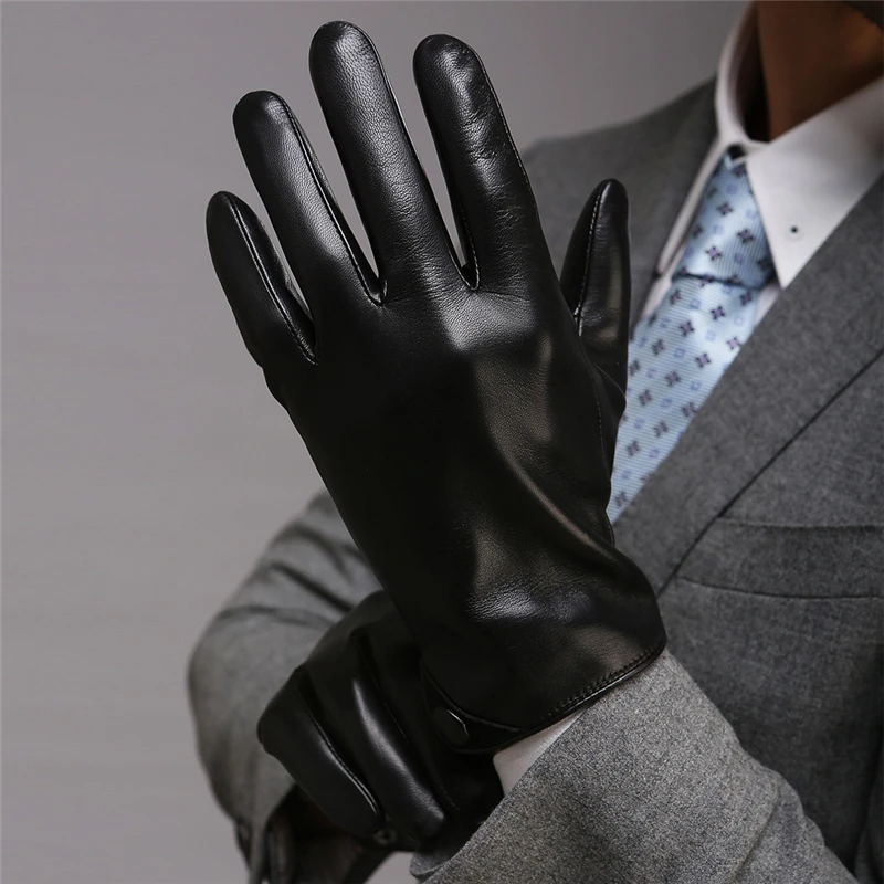 2019 New Men's Genuine Leather Gloves Male Autumn Winter Plush Lined Lambskin Leather Gloves For Driving M001NC-1