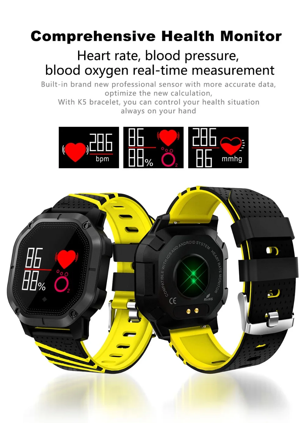 

K5 Smart watch IP68 Waterproof Multiple Sports Modes Cycling Swimming Heart Rate Monitor Blood oxygen Blood pressure Clock PK Q9