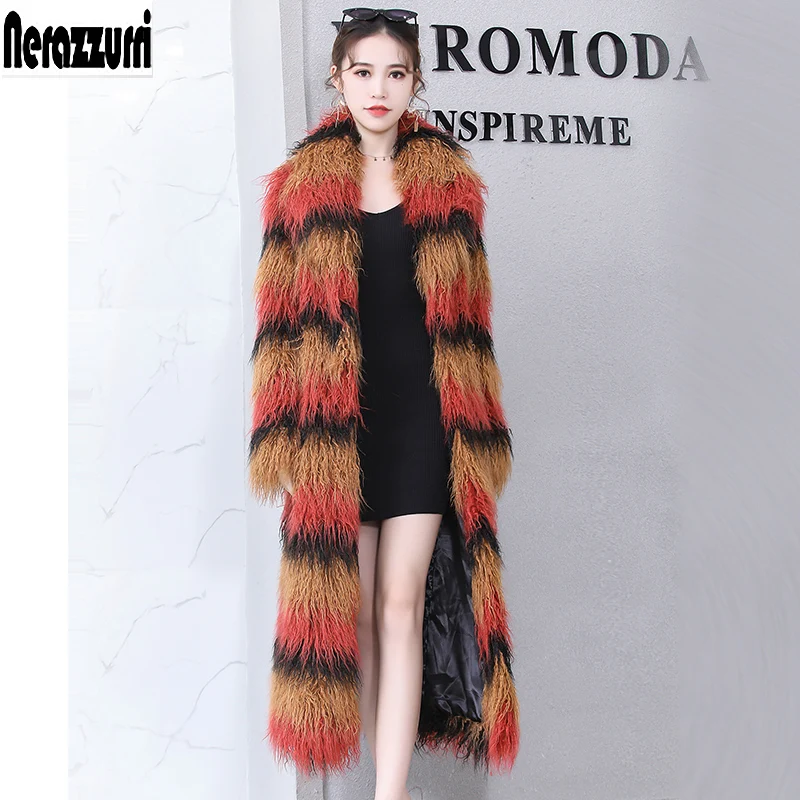 

Nerazzurri faux fur coat gradient color long furry shaggy Mongolian sheep fur plus size 5xl 6xl 7xl womens winter fashion 2019