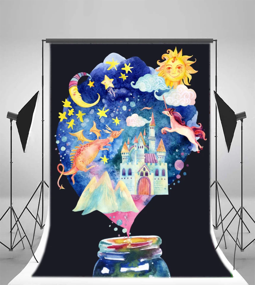 Laeacco Unicorn Dragon Moon Starry Night Castle In Bottle Photography Backgrounds Vinyl Custom Backdrops Props For Photo Studio