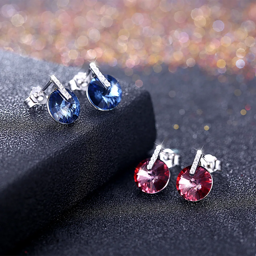 

Austria Elements Crystal Studs Earrings Women's European American Fashion Sterling Silver 925 Zircon Geometric Type Purple blue
