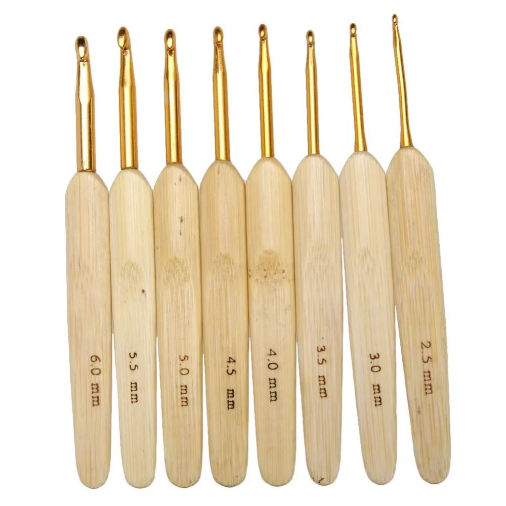 2.5 6mm Weaving Tools Knitting Yarn Sweater Needles Bamboo Handle Gold Aluminum Crochet Hooks
