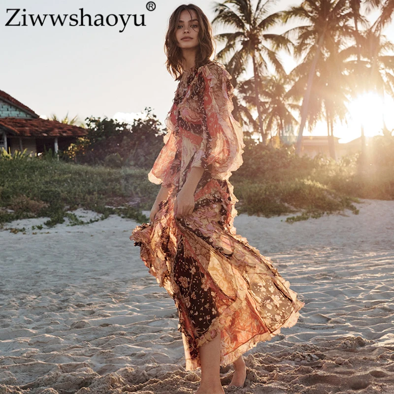 

Ziwwshaoyu Vacation Print Long dresses O-Neck Ruffles Puff Sleeve irregular Beach dress Spring and summer new women's