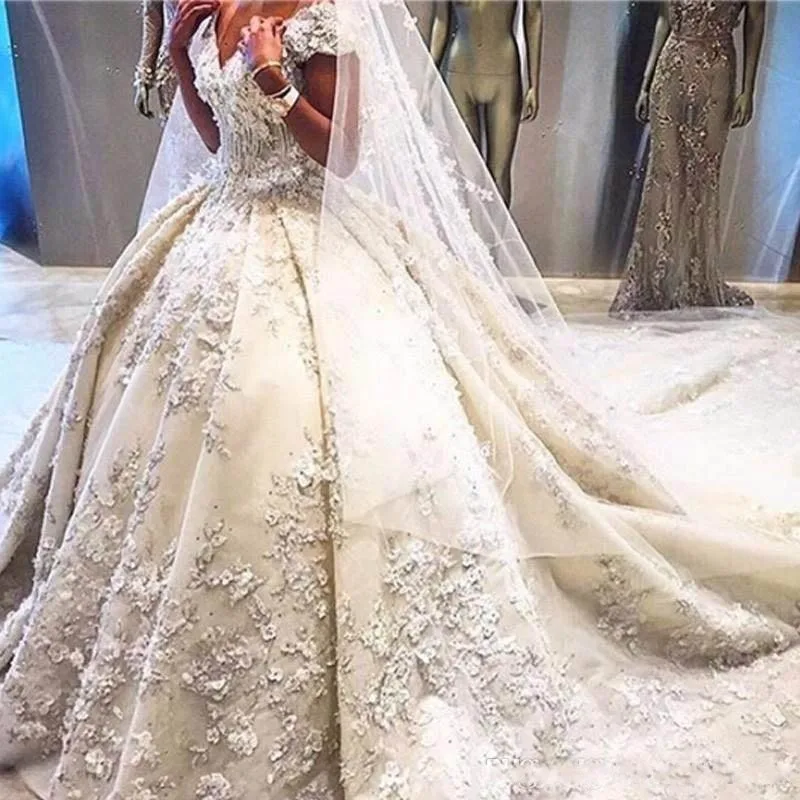 Vestido De Noiva роскошное Соборное бальное платье свадебное платье винтажные кружевные свадебные платья с v-образным вырезом и коротким рукавом Свадебные платья Дубай