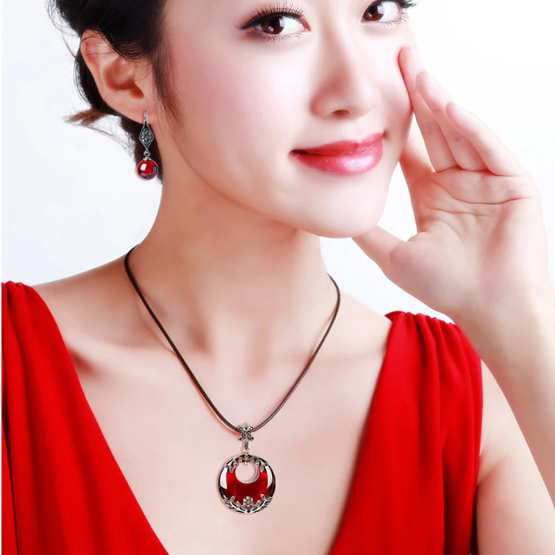 US $44.00 high quality 925 Sterling silver natural stone Garnet necklace retro red Pendant with chain Women jewelry girls lovers gift