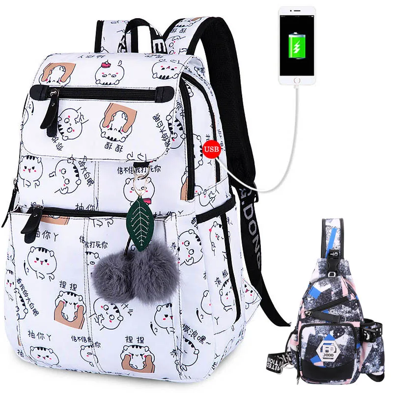 Школьные сумки для девочек, школьный рюкзак с USB разъемом для ноутбука, женский водонепроницаемый холщовый милый школьный рюкзак, модный рюкзак