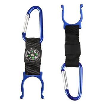 

5 Black Carabiner Water Holder Bottle Clip Strap W/ Compass Camp Hiking Outdoor