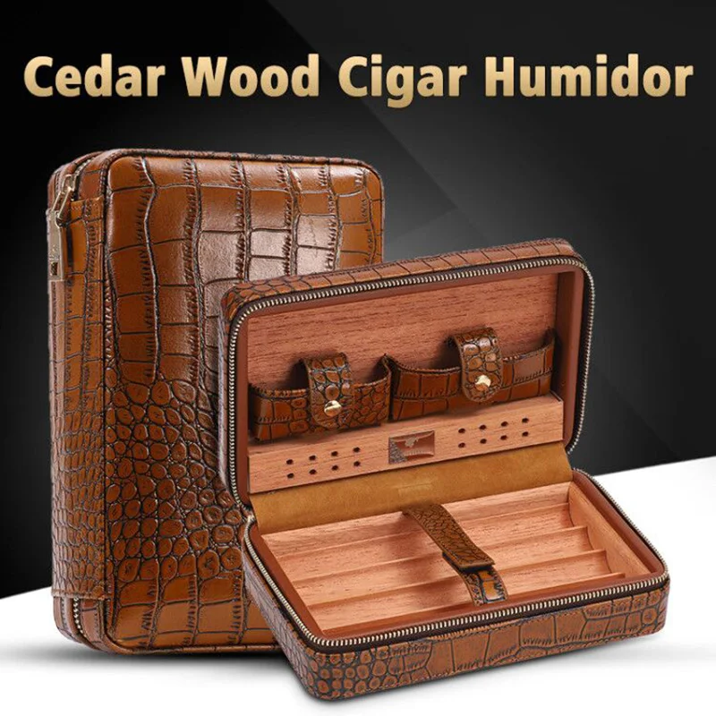 COHIBA Cigar Case Humidor For 4 Cigars Cedar Wood Lined Leather Travel Cigar Humidor Humidifier Set Gift Box (No lighter cutter)