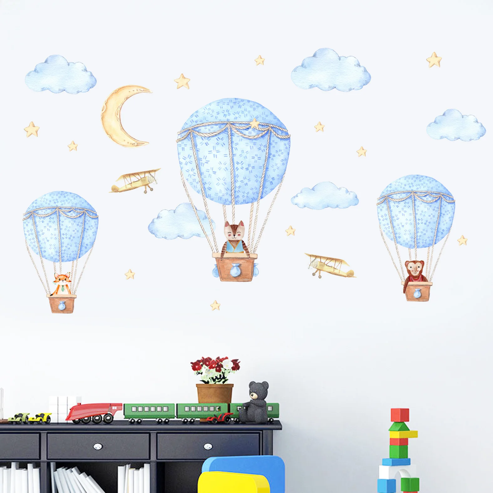 Мультфильм воздушный шар наклейки на стену животные небо звезды для детской комнаты ПВХ водонепроницаемые съемные настенные наклейки Гостиная Фреска