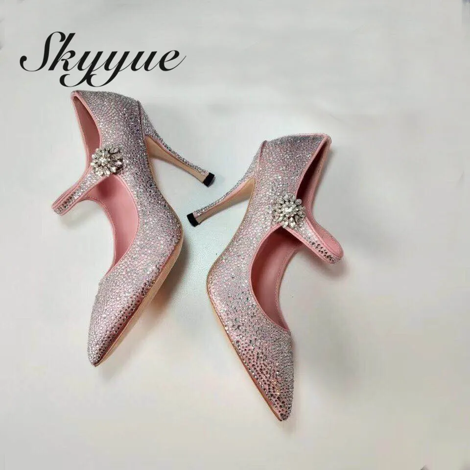 

New Genuine Leather Crystal Jewel Beading Women HIgh Heels Sexy Pointed Toe Marry Janes Pumps Shoes Women