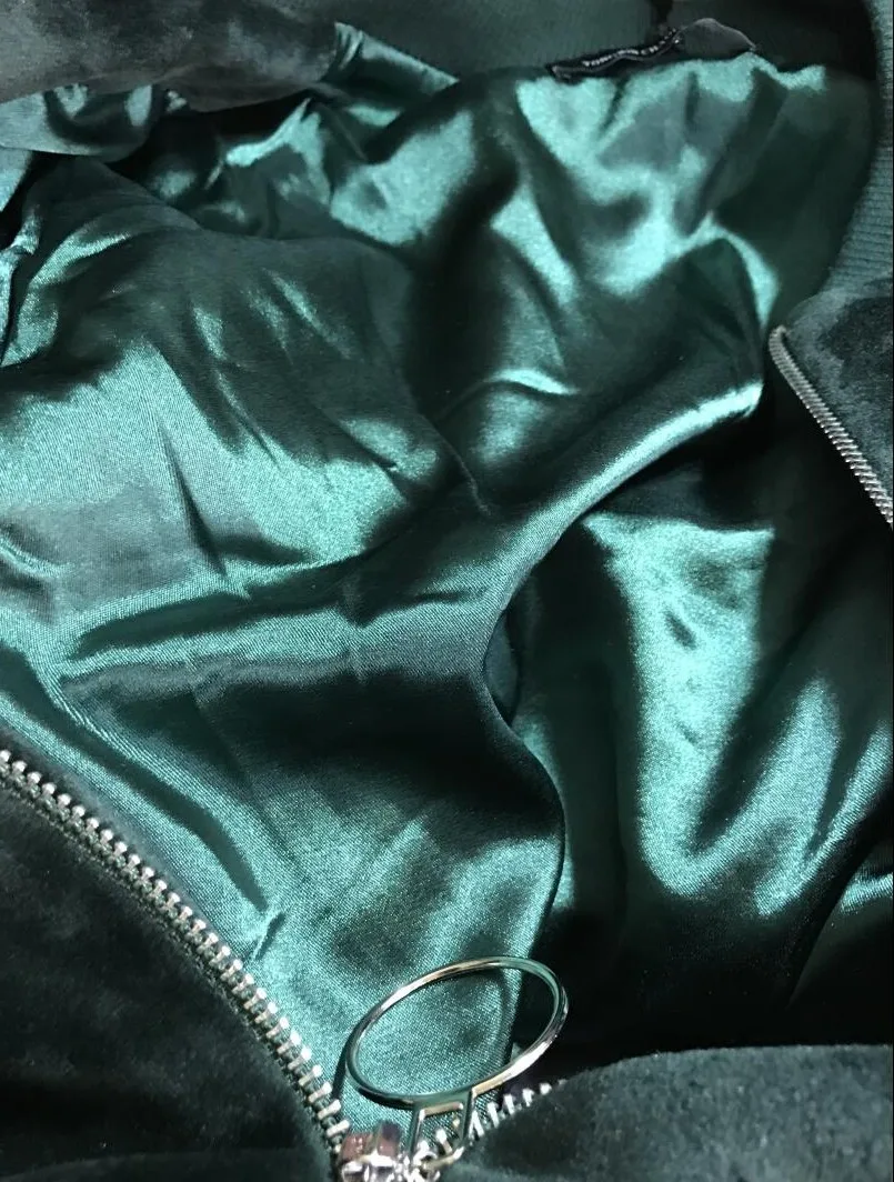 Женская бархатная куртка-бомбер с высокой талией на молнии с боковыми карманами, плотные куртки зеленого цвета с павлином