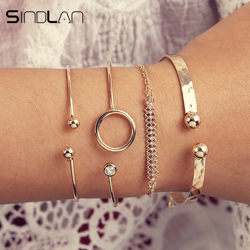 

Sindlan 4PCs Gold Crystal Wrist Bracelets for Women Open Mouth Bracelet Female Thick Simple Bangles Boho Bracelets Set Jewelry