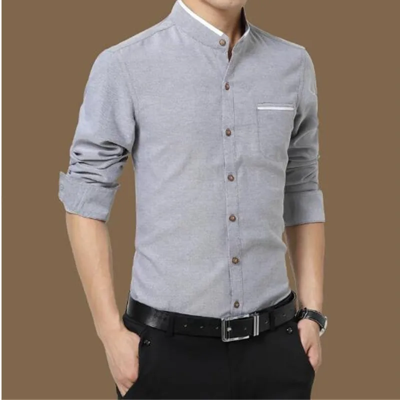 15-1Autumn new cotton men's long-sleeved shirt stand collar free hot color shirt fashion trend large size men's clothing