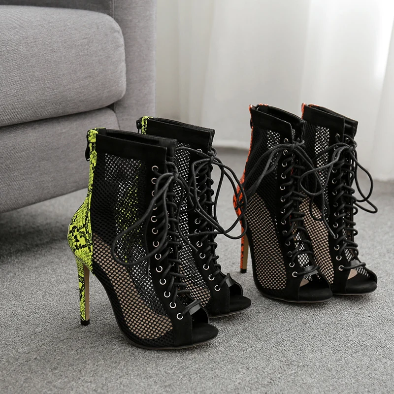 Size 35-42 Women High Heeled Pumps Shoes Snake Print Hollow Out Summer Boots Lace Up Cross Tied Women Boots Pumps Zapatos Mujer