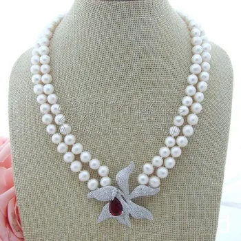 

N062607 2Strands 8.5mm White Pearl Necklace CZ Pendant