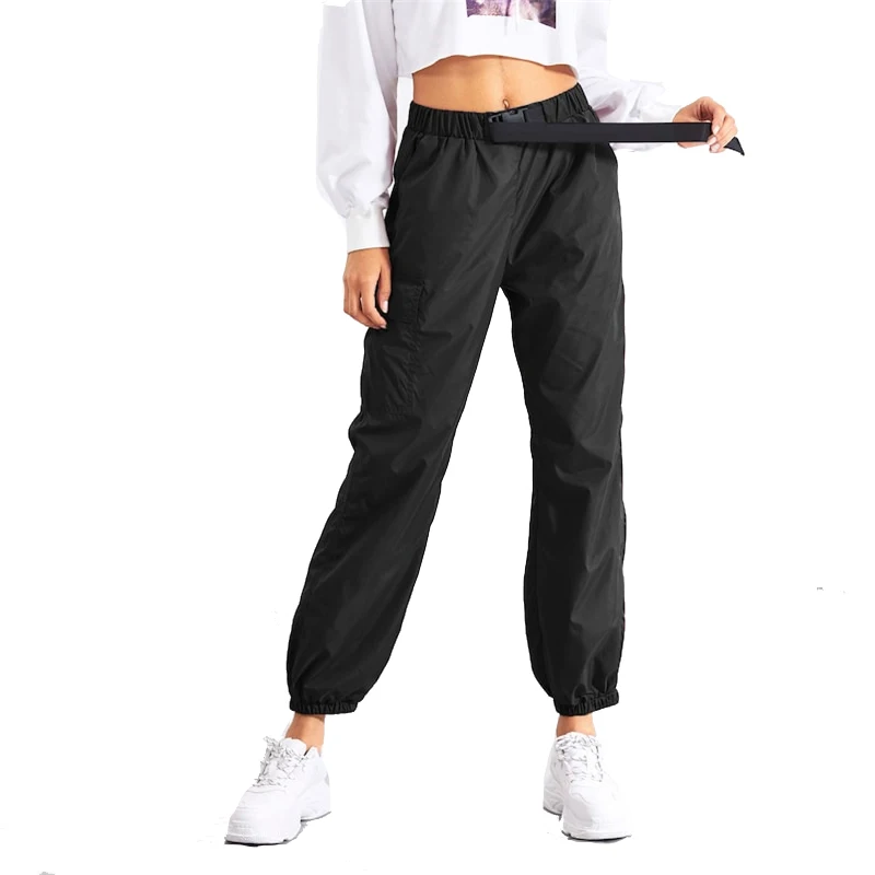 SweatyRocks черные повседневные штаны с карманами и боковой шнуровкой на талии, зауженные брюки с эластичной талией, осенние женские штаны для активного отдыха