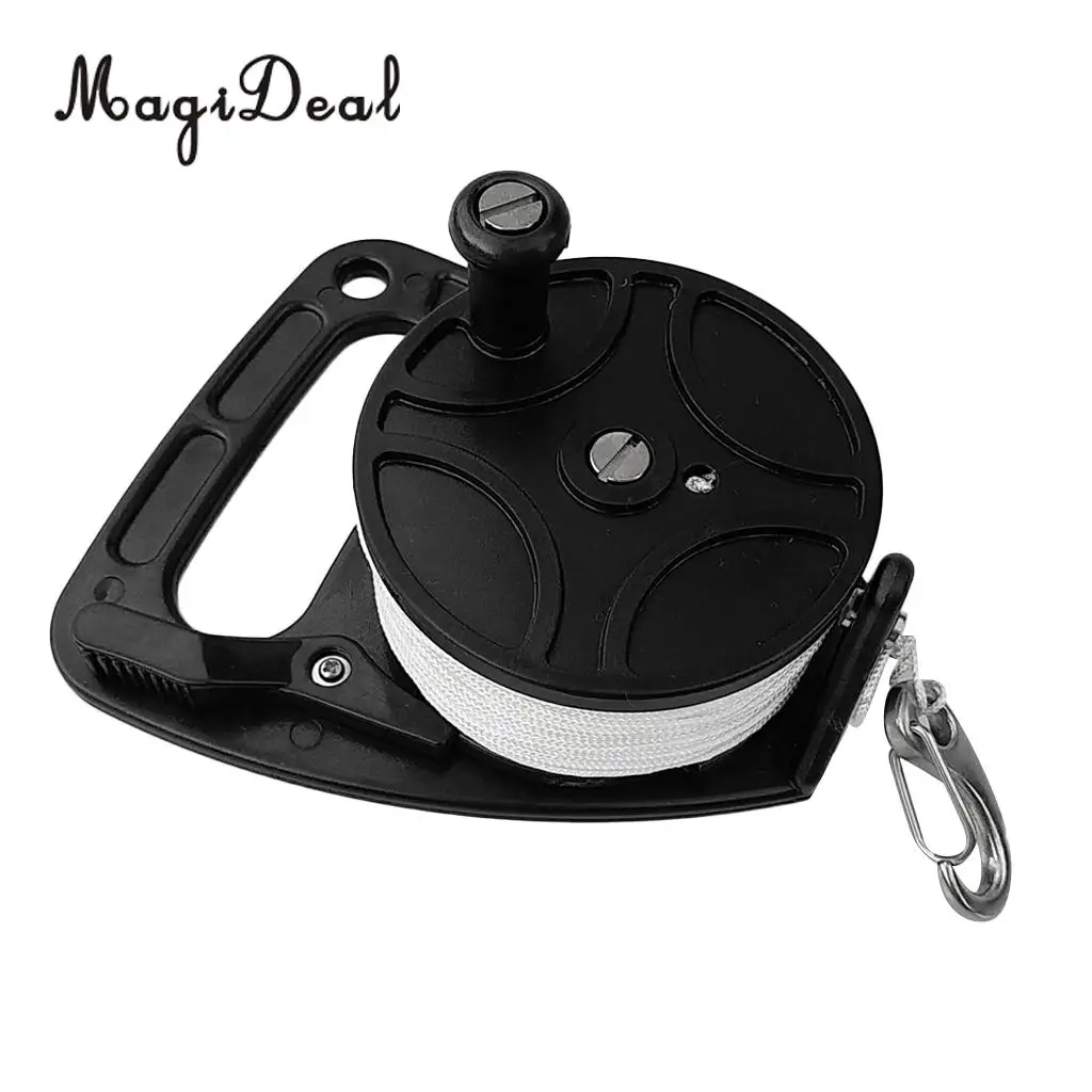 Black Plastic Dive Reel & Handle, Thumb Stopper, 150ft Line, Clip Hook for Scuba Diving Diver Snorkeling