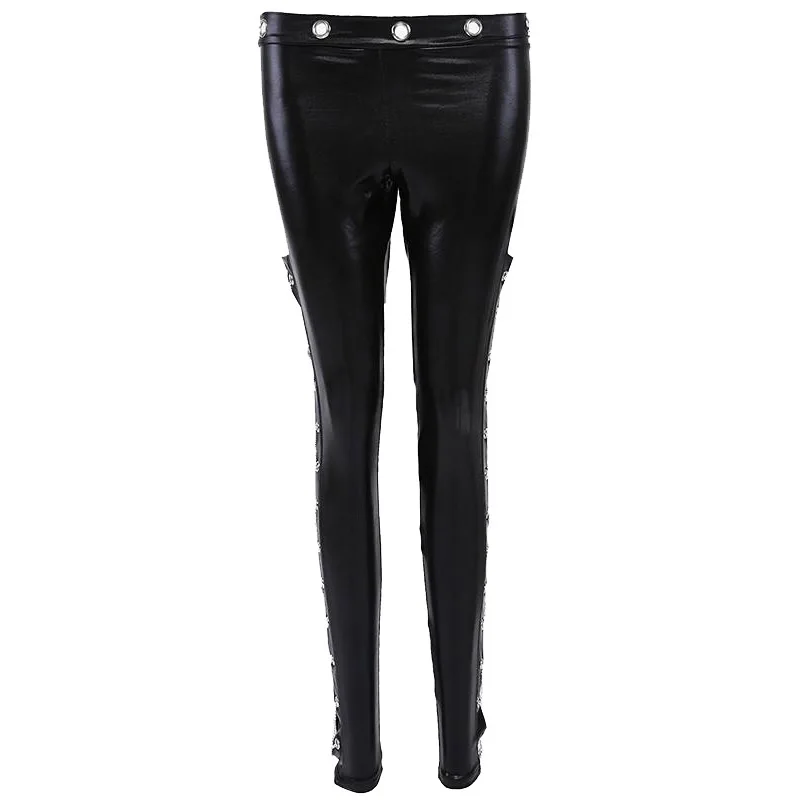 HU&GH 2017 New Women Club Sexy Leggings Chains On The Sides Patchwork Mesh Wetlook Faux Leather Rings Rock Punk Steampunk Pants (4)