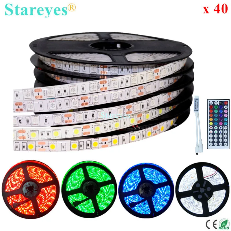

40 pcs SMD 5050 60 LED / M RGB Strip 5M/Roll LED DC12V IP65 Waterproof flashlight LED Strip Lighting Single color LED light