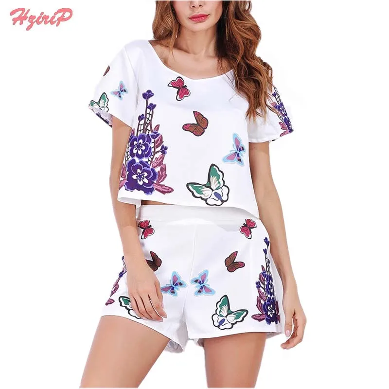 HziriP Women 2 Piece Set Ladies Shorts Set Suits Flower Printed Crop