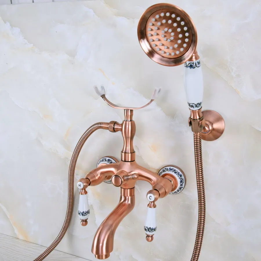 

Antique Red Copper Brass Double Ceramic Handles Wall Mounted Bathroom Clawfoot Bathtub Tub Faucet Mixer Tap w/Hand Shower ana367
