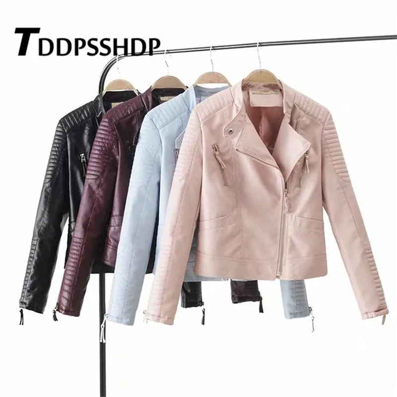 

Stripe Engraving Solid Color Women Pu Leather Jacket Pink Blue Burgundy Black Color Female Coat