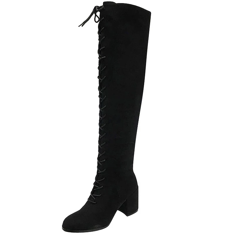 

Winter New Fashion Sexy Women Knee-High Boots Square Heel lady boots Shoes Round Toe Lace-Up High Heel Women Boots