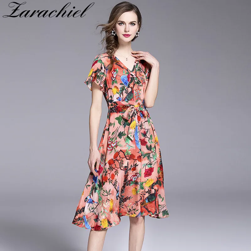 Women Runway Flower Print Silk Summer Midi Dress Short Sleeve High ...