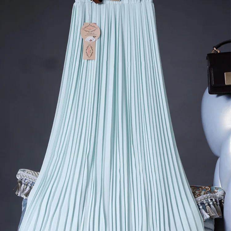 2021 High Quality Women Summer Skirt High Waist Vintage Women Pleated Skirt Saias Femme Boho White Long Chiffon Skirt Streetwear 3