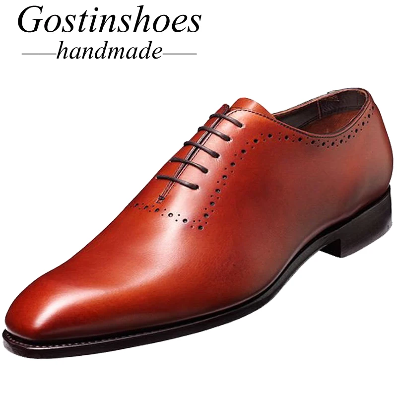 

GOSTINSHOES HANDMADE Genuine Tan Leather One Piece Oxford Brouge Lace-up Formal Shoes Pointed Toe Men Shoes Brown SCZ009