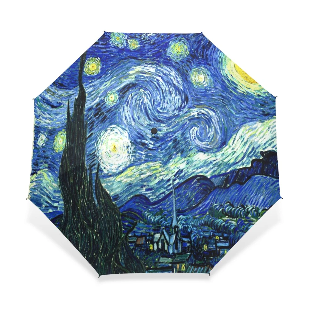 Paraguas de noche estrellada pintura creativa, pintura al óleo de Gogh, tres paraguas Anti UV para niña|starry night umbrella|rainy for girls - AliExpress