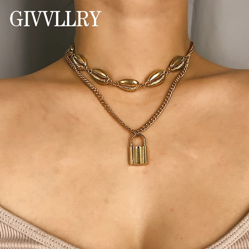 

GIVVLLRY Metal Shell Chain Choker Necklace Bohemian Beach 2 Layered Chain Punk Gold Silver Lock Pendant Necklace Boho Jewelry