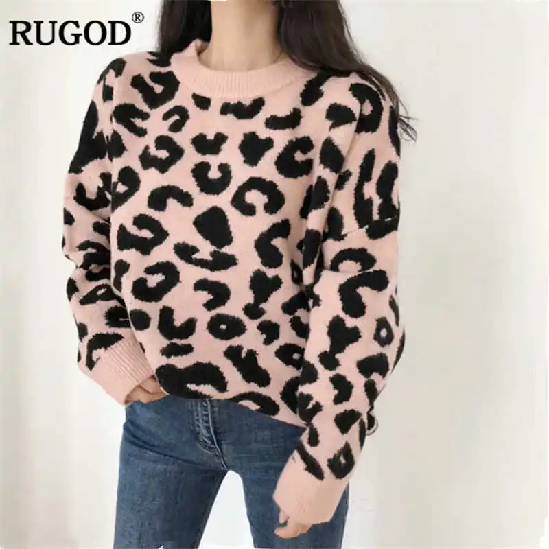 RUGOD модный Леопардовый женский свитер с круглым вырезом, трикотажные пуловеры, повседневные женские топы в Корейском стиле, зимняя одежда maglioni donna - Цвет: Розовый